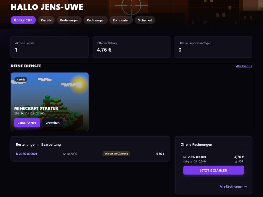 Provomatic customer area in the gaming theme: services as image tiles, open invoices with a pay button