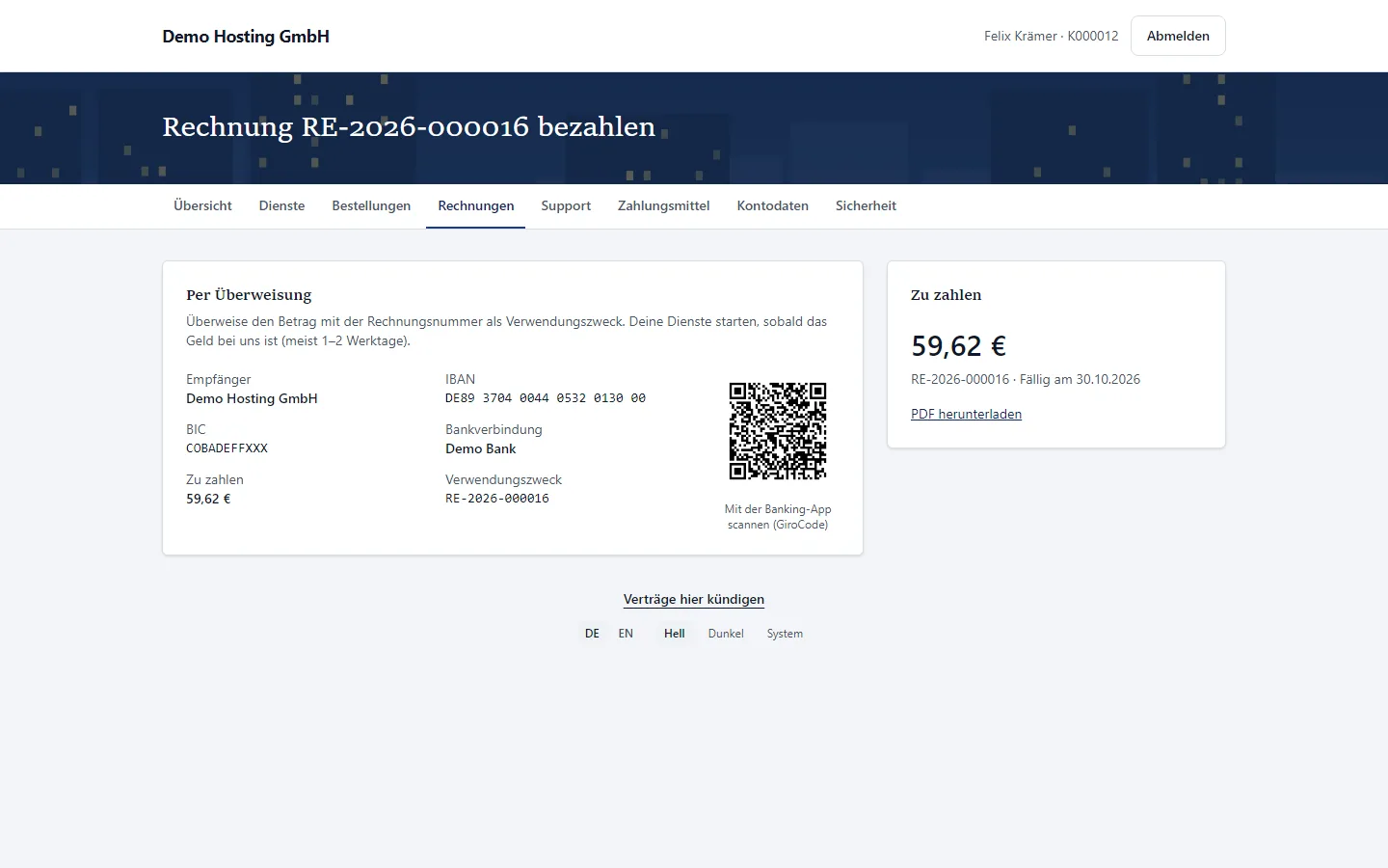 4/5: Bezahlseite mit Bankdaten und GiroCode