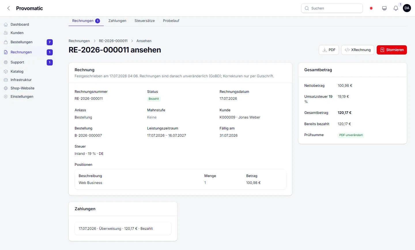 Festgeschriebene Rechnung im Admin mit Positionen, Steuer, Zahlung und Prüfsumme