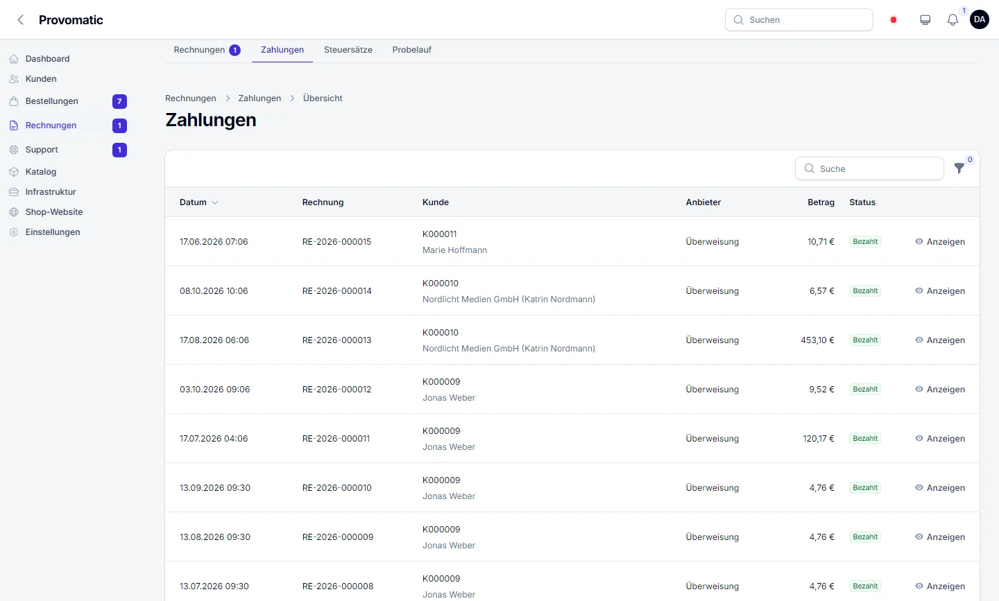 Eingegangene Zahlungen mit Rechnung, Kunde, Anbieter und Status.