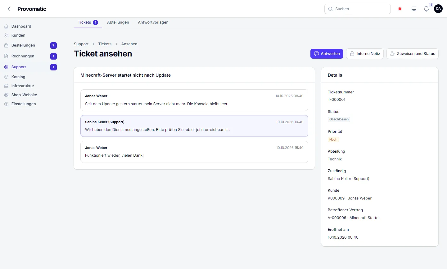 Ticket im Admin mit Verlauf, Priorität, Zuständigem und betroffenem Vertrag