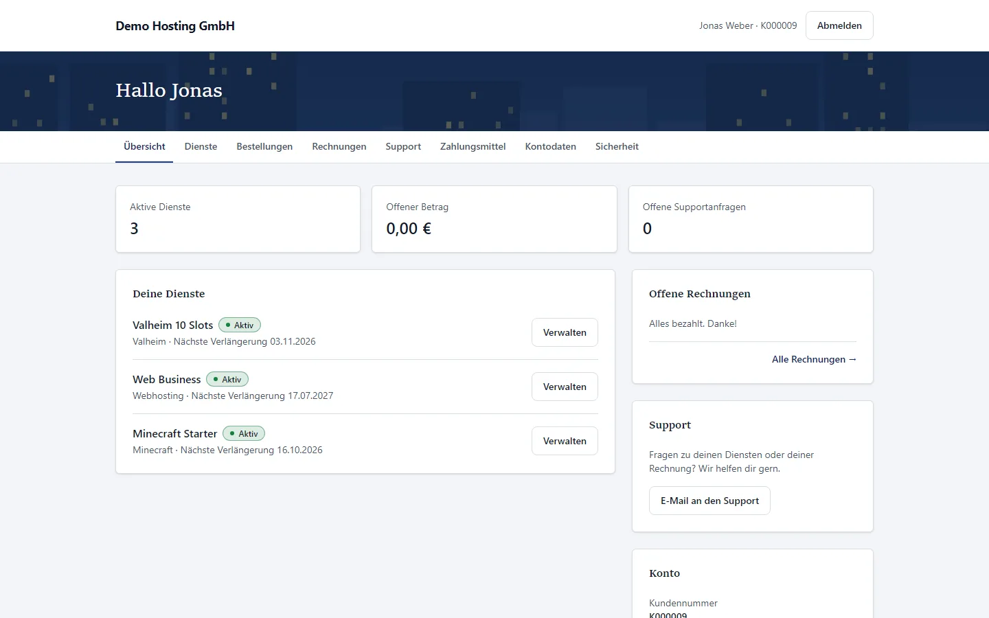 Kundenbereich im Business-Theme mit drei aktiven Diensten, Kennzahlen und Support-Kontakt