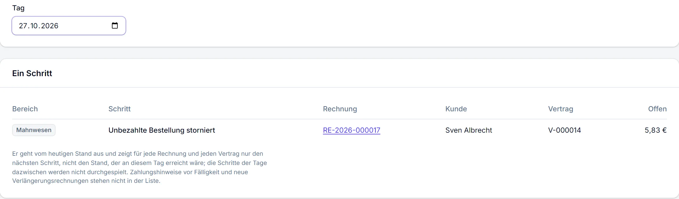 Probelauf des Abrechnungslaufs für einen gewählten Tag