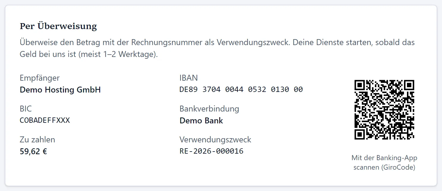 Bezahlseite mit Bankdaten und GiroCode