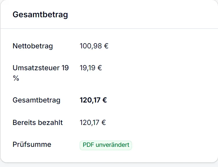 Rechnungssummen mit Status der Prüfsumme im Admin-Bereich